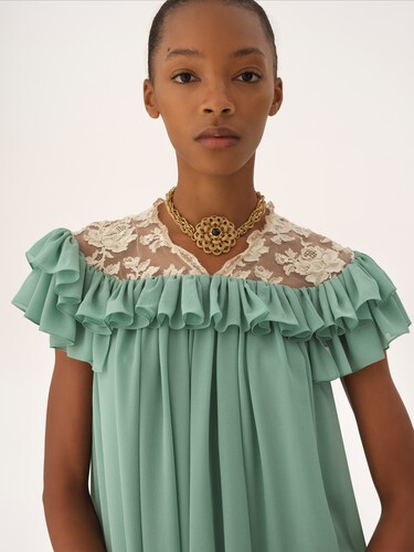 Short-sleeve mini dress in silk georgette & lace - 7