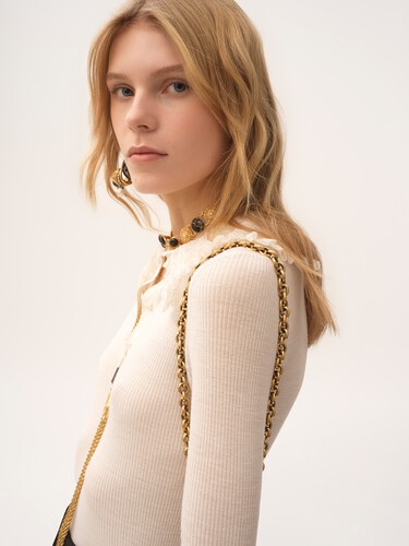 Collared Henley shirt in superfine wool knit & lace - 6