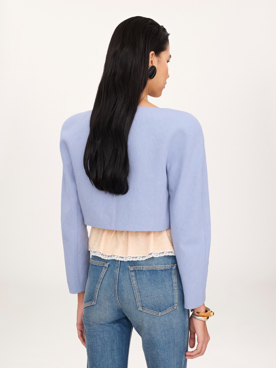 Cropped collarless jacket in linen cr&ecirc;pe - 4