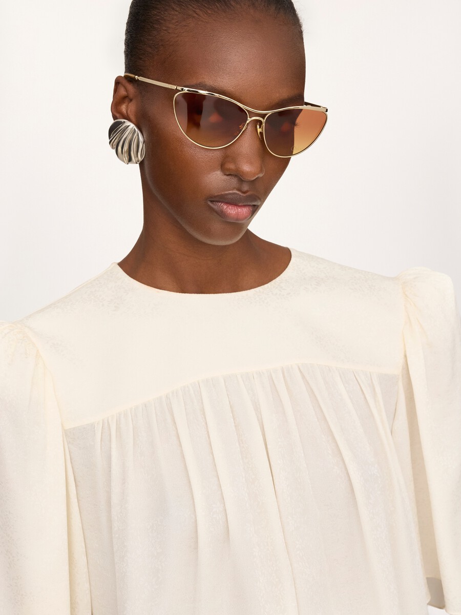 Top fruncido con cuello redondo de jacquard de seda - 6