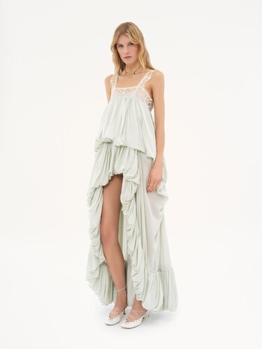 High-low ruffled dress in silk habotai & lace - 3