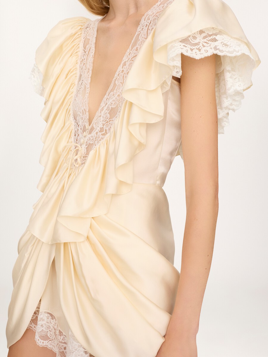 V-neck short jumpsuit in washed silk satin & lace - 7