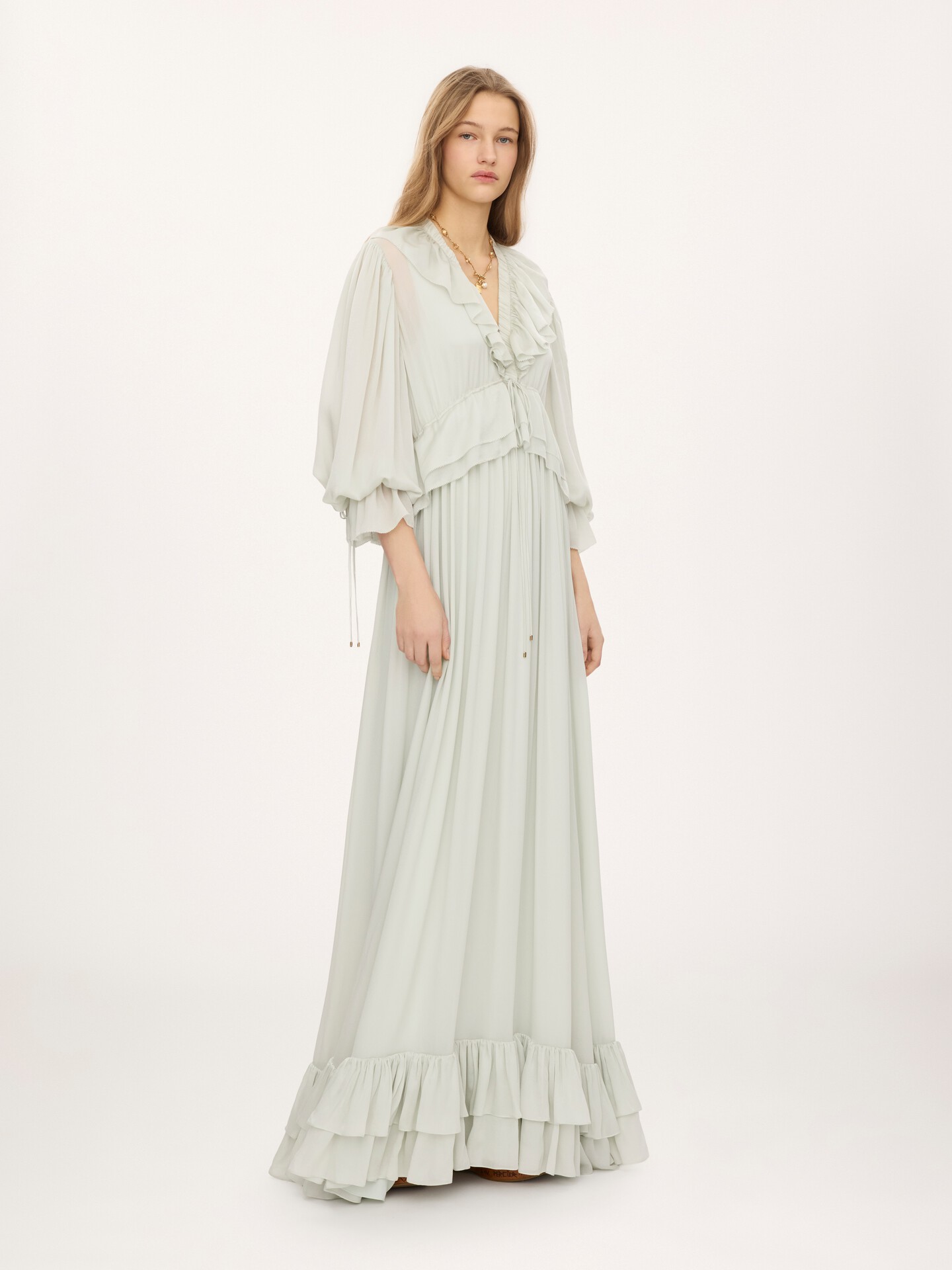 Gathered long dress in silk charmeuse - 1.0