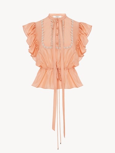 Short-sleeve ruffle top in washed silk habotai & lace - 2