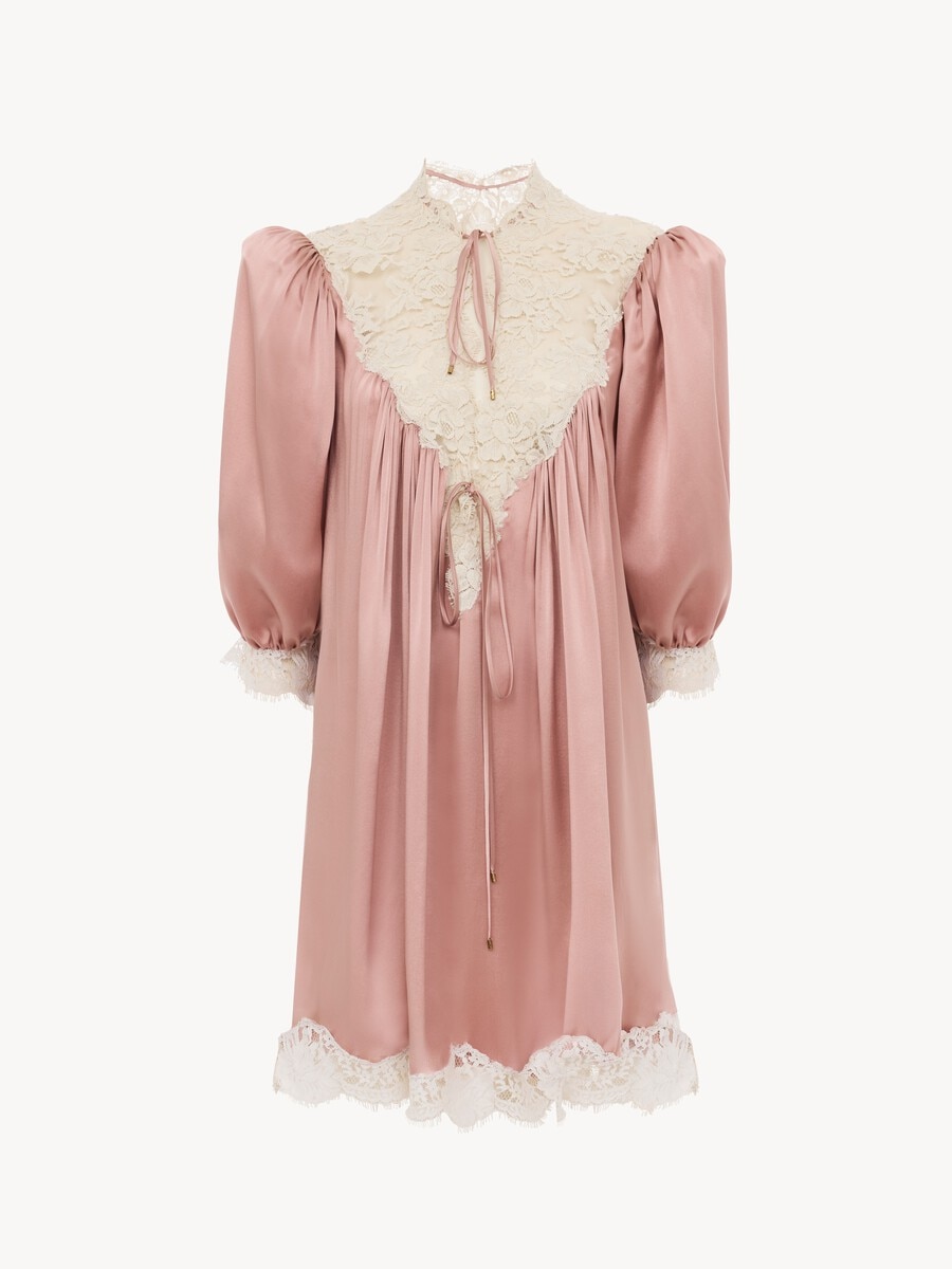 Gathered V-neck mini dress in washed silk satin & lace - 1