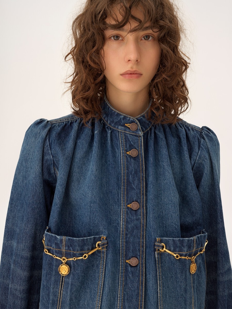 Chaqueta fruncida de cuello alto y tejido vaquero - 8