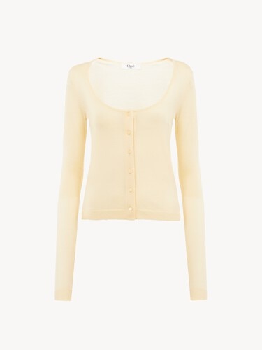 Scoop-neck fitted cardigan in superfine wool knit - 1
