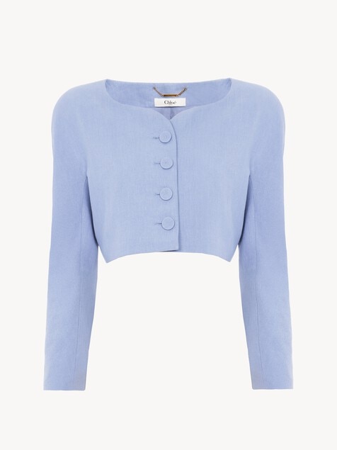 Cropped collarless jacket in linen cr&ecirc;pe