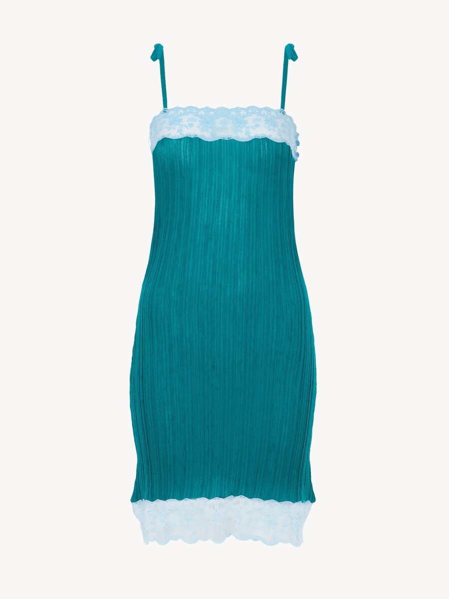 Sleeveless fitted mini dress in a wool knit & lace - 2