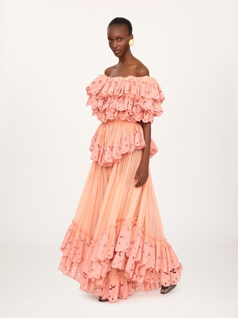 Ruffled long dress in cotton voile