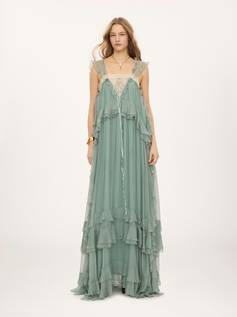 Sleeveless layered long dress in silk mousseline & lace