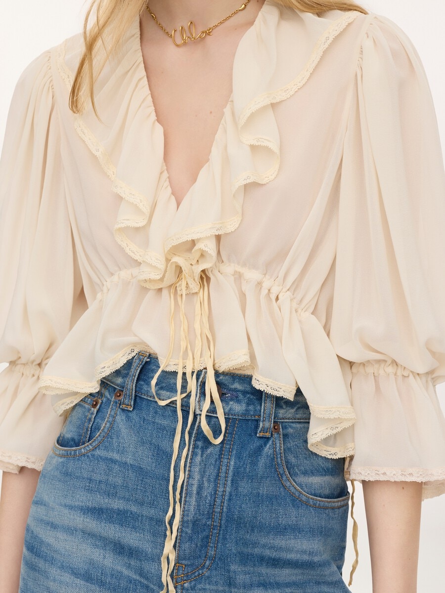 Cropped V-neck ruffle top in silk georgette & lace - 6