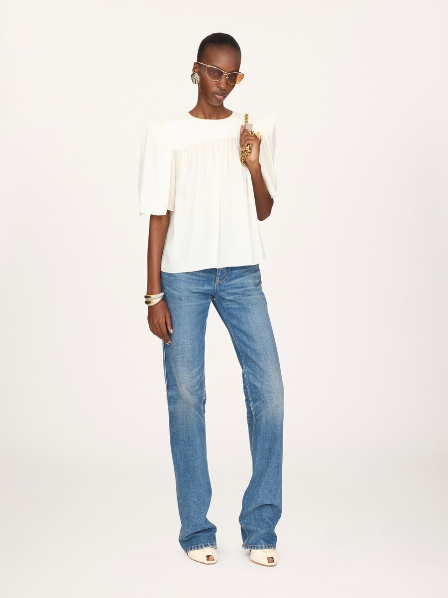 Top fruncido con cuello redondo de jacquard de seda - 3