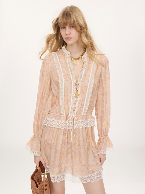 Puff-sleeve mini dress in silk charmeuse & lace