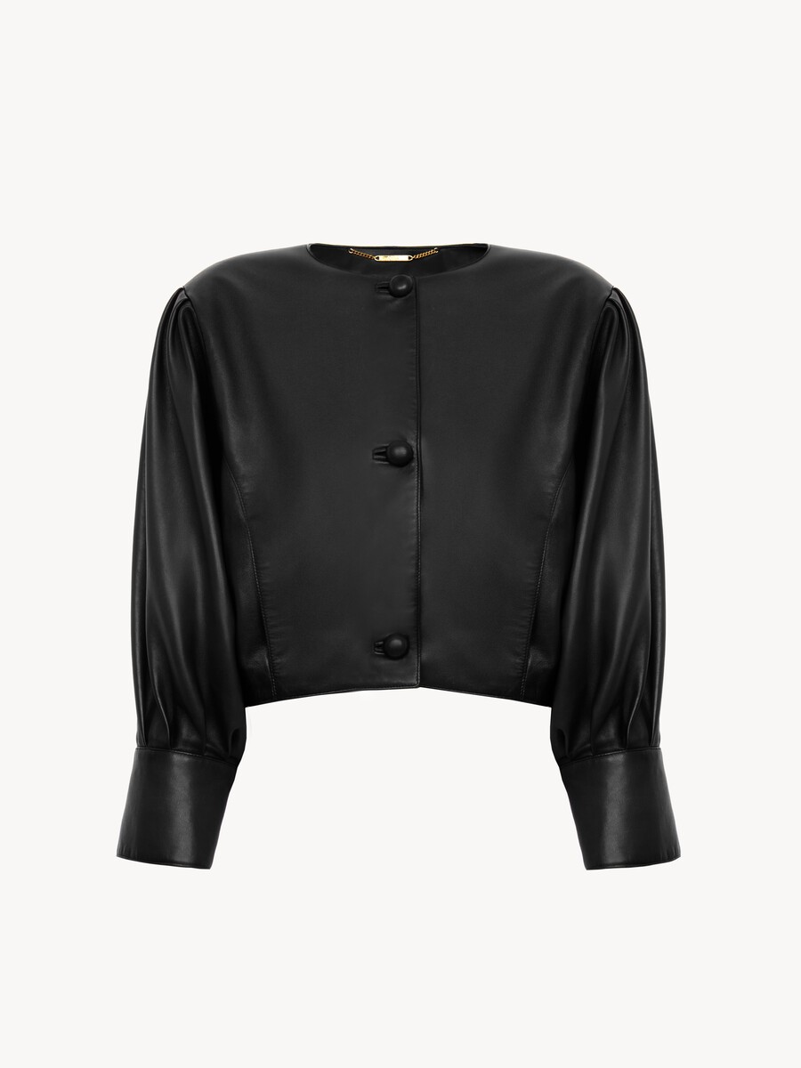 Cropped collarless jacket in leather - 2