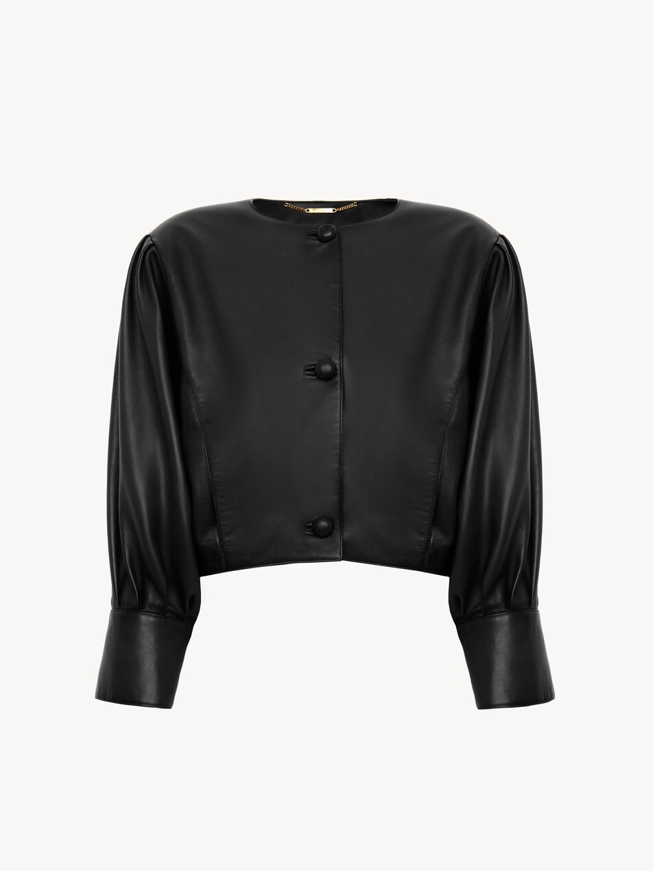 Cropped collarless jacket in leather