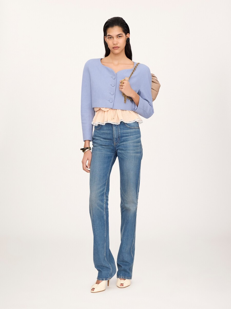Cropped collarless jacket in linen cr&ecirc;pe - 3