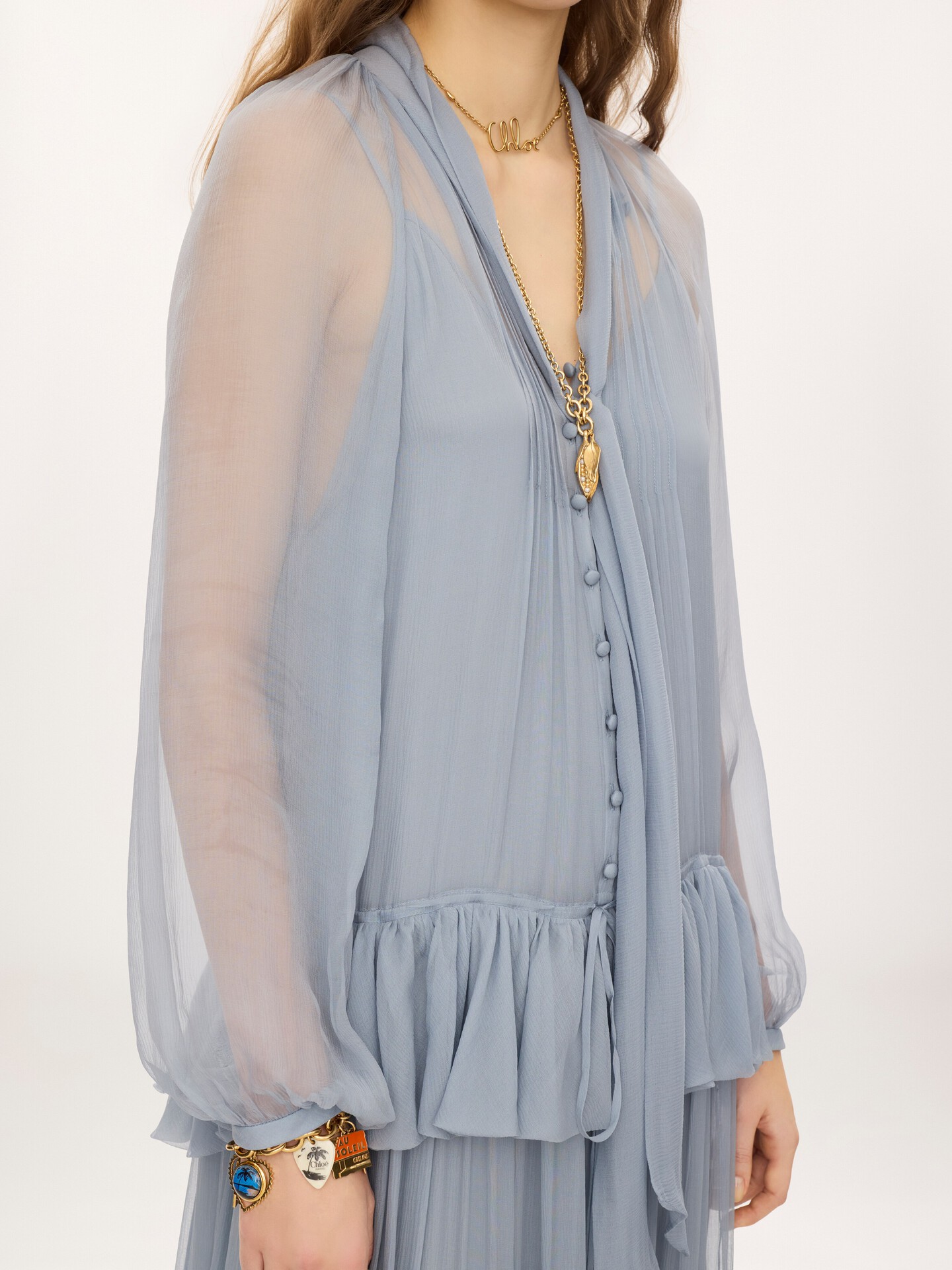 Fluid lavalli&egrave;re long dress in silk mousseline - 5.0