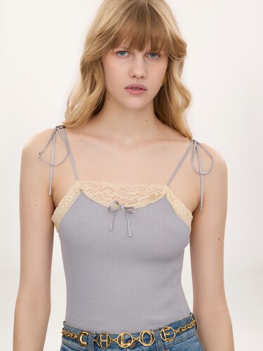 Thin-strap tank top in cotton jersey & lace - 4