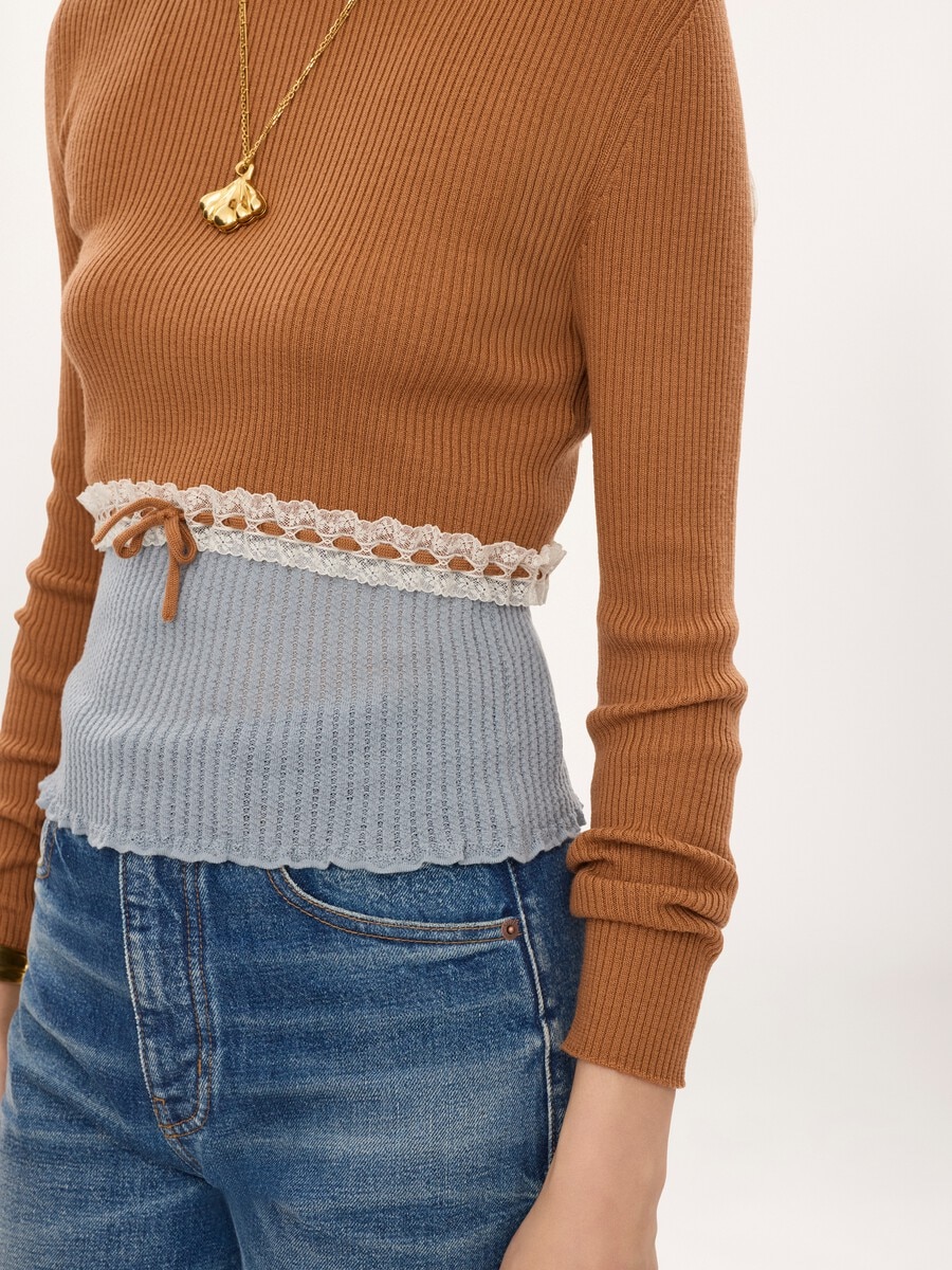 Jersey cropped ajustado de punto de lana y encaje - 6