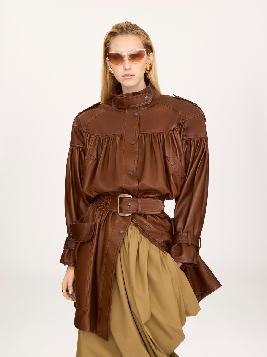 High-neck puff-sleeve coat in leather - 3