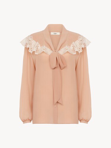 Tie-front gathered blouse in silk georgette & lace - 2