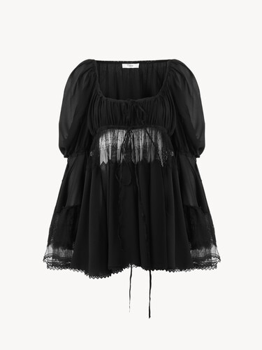 Scoop-neck puff-sleeve top in silk georgette & lace - 1