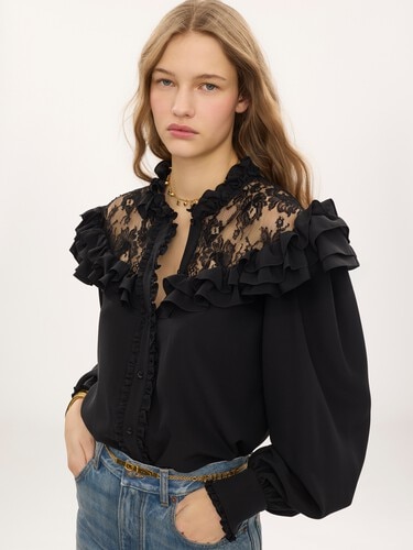 High-neck ruffled blouse in cr&ecirc;pe de chine & lace - 4