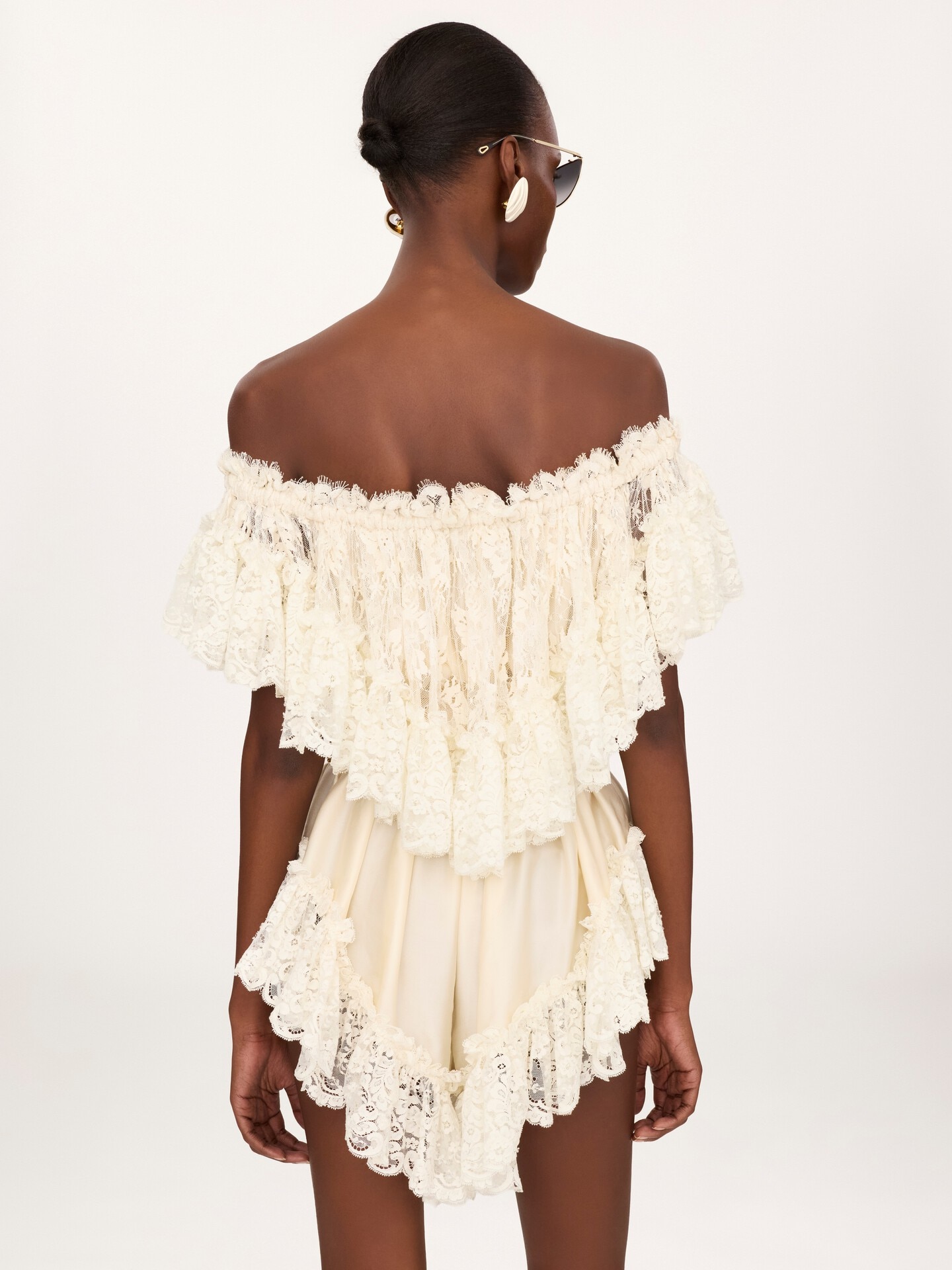 Off-the-shoulder mini jumpsuit in washed silk satin & lace - 4.0