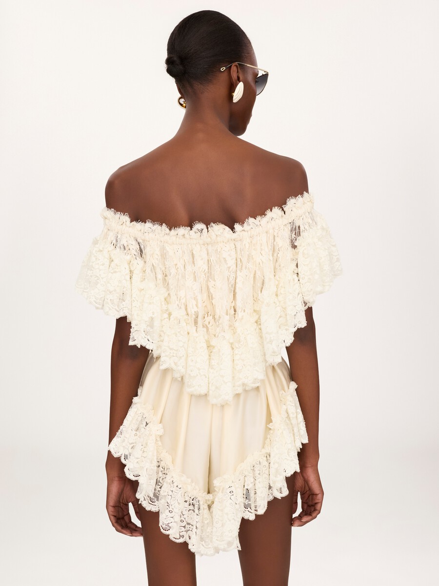 Off-the-shoulder mini jumpsuit in washed silk satin & lace - 4