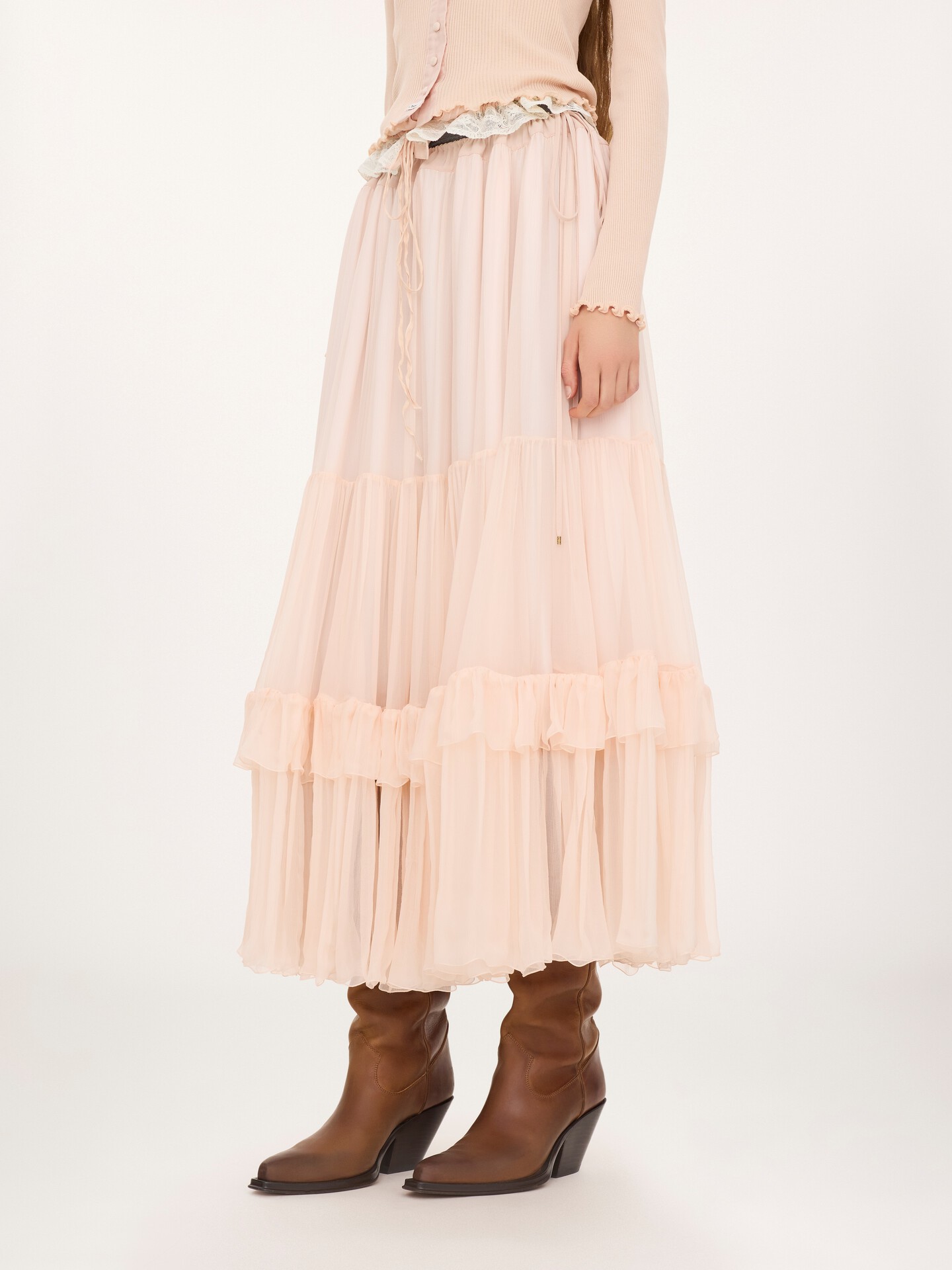 Ruffled long skirt in silk mousseline - 3.0