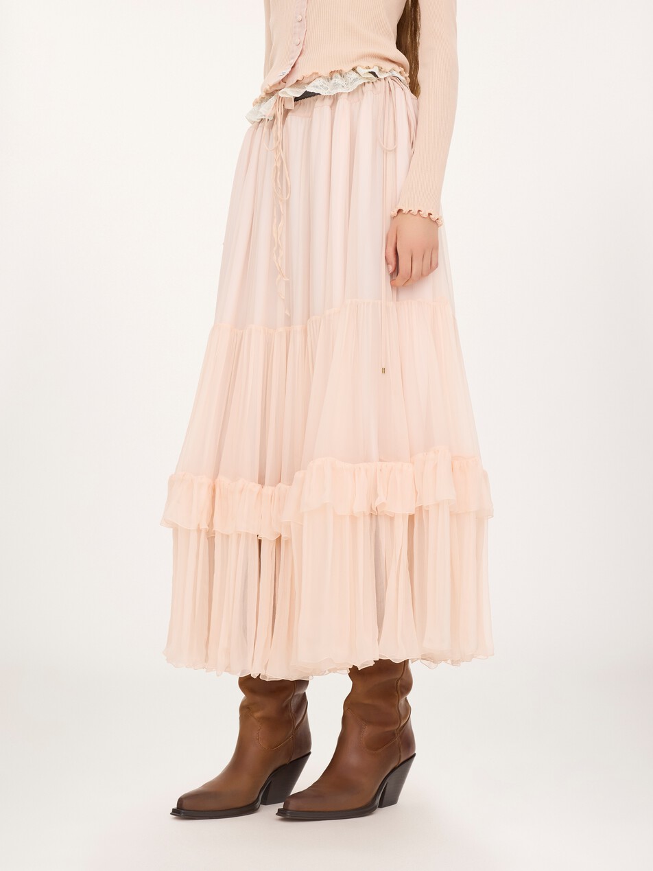 Ruffled long skirt in silk mousseline