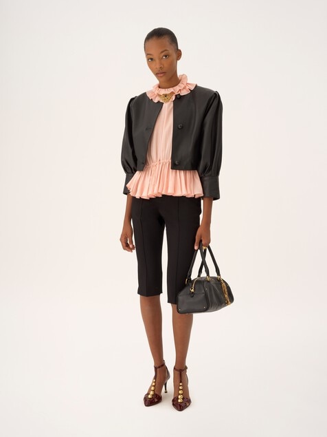 Drawstring ruffle top in jacquard silk