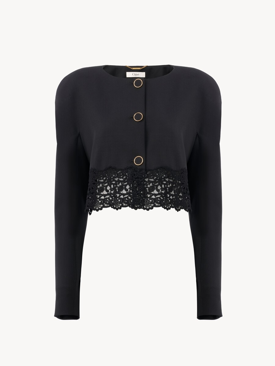 Collarless cropped jacket in wool grain de poudre & lace - 2
