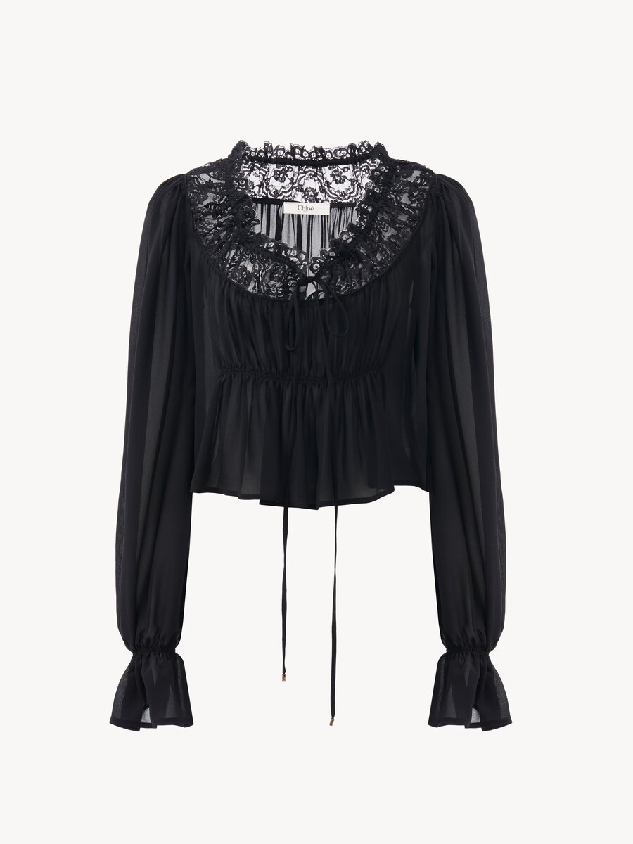 Top cropped de cuello redondo de georgette de seda y encaje - 2