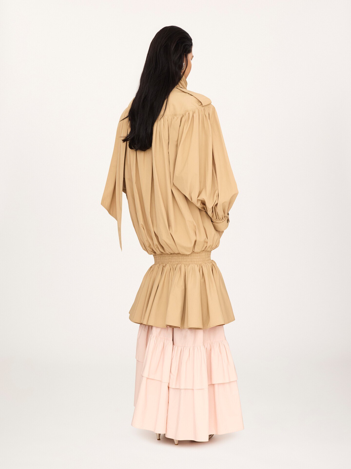High-neck gathered trench coat in cotton poplin - 5.0