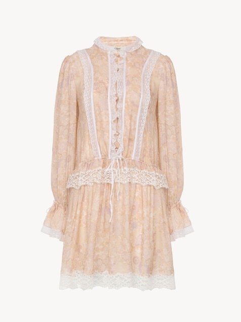 Puff-sleeve mini dress in silk charmeuse & lace