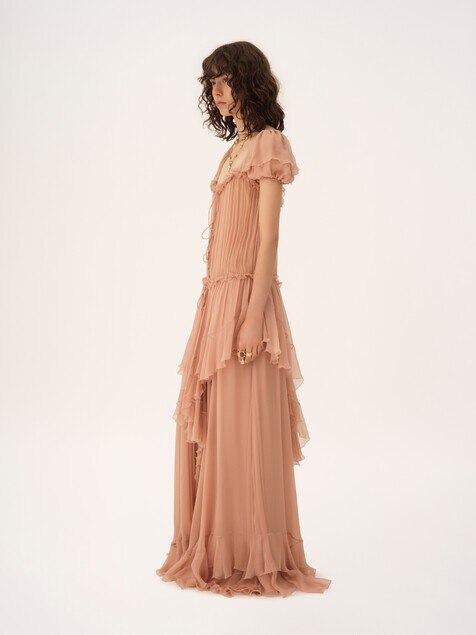 Gathered long ruffled dress in silk mousseline