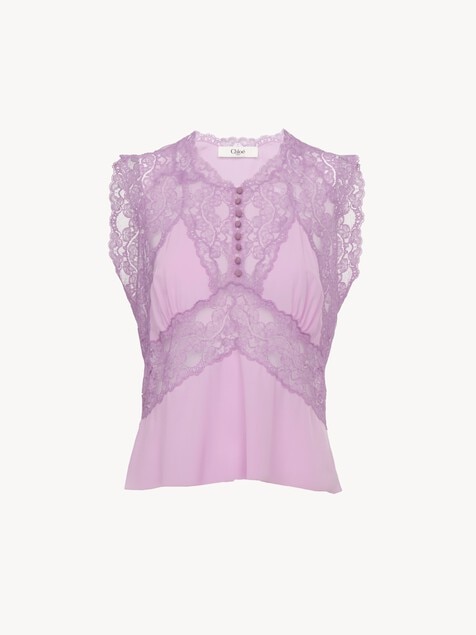 V-neck top in cr&ecirc;pe de chine & lace