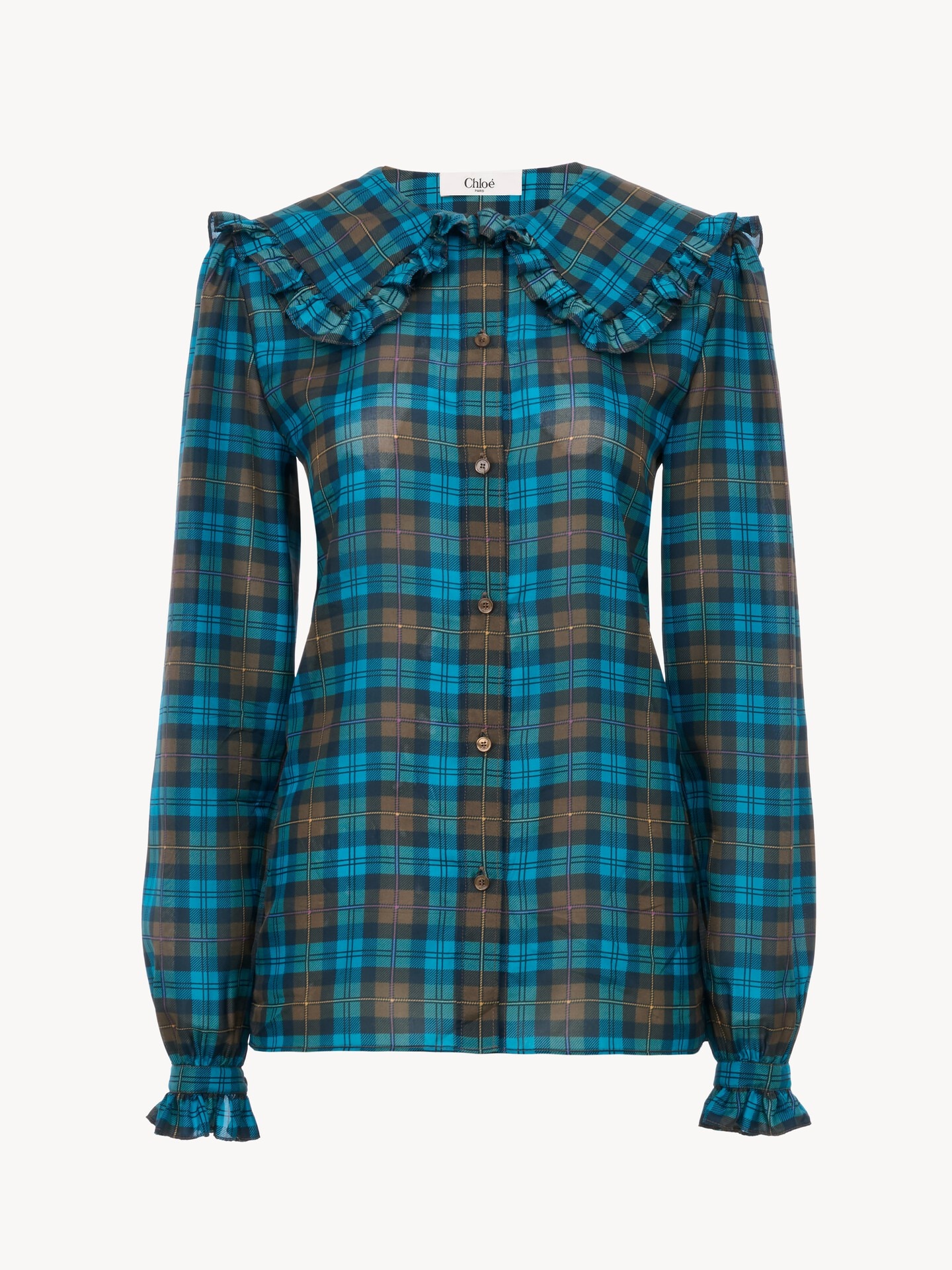 Ruffled lavalli&egrave;re blouse in check silk habotai - 2.0