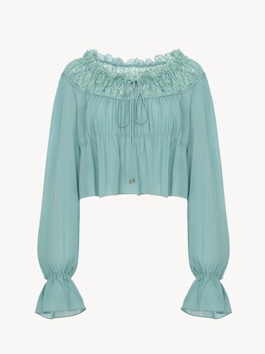 Scoop-neck cropped top in silk georgette & lace - 2