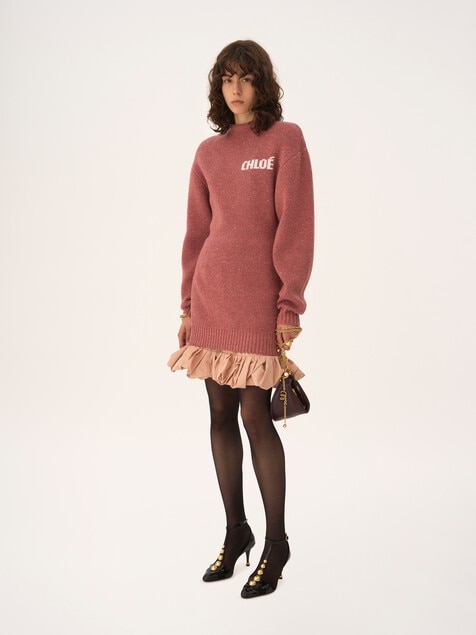 Long-sleeve logo mini dress in a merino wool knit