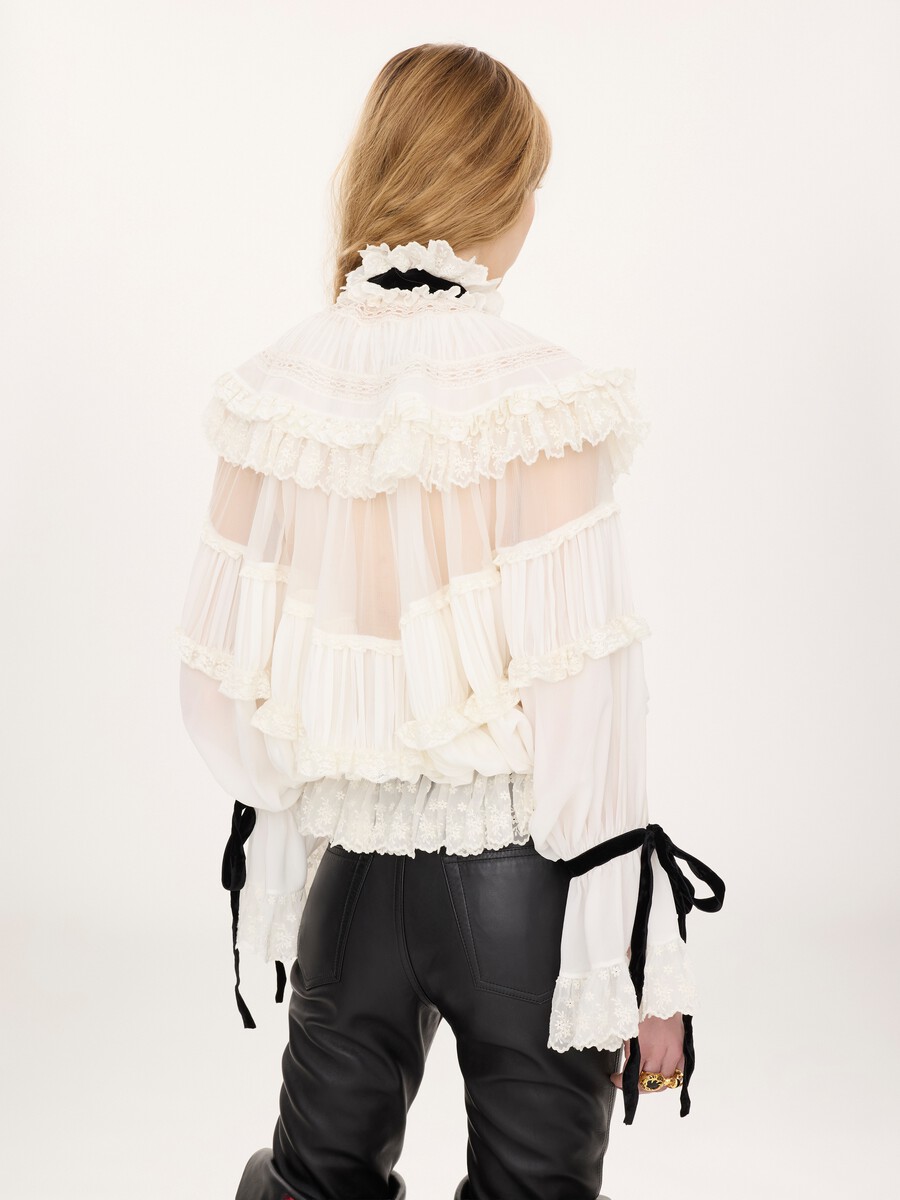 Tie-front ruffle top in silk mousseline & lace - 4