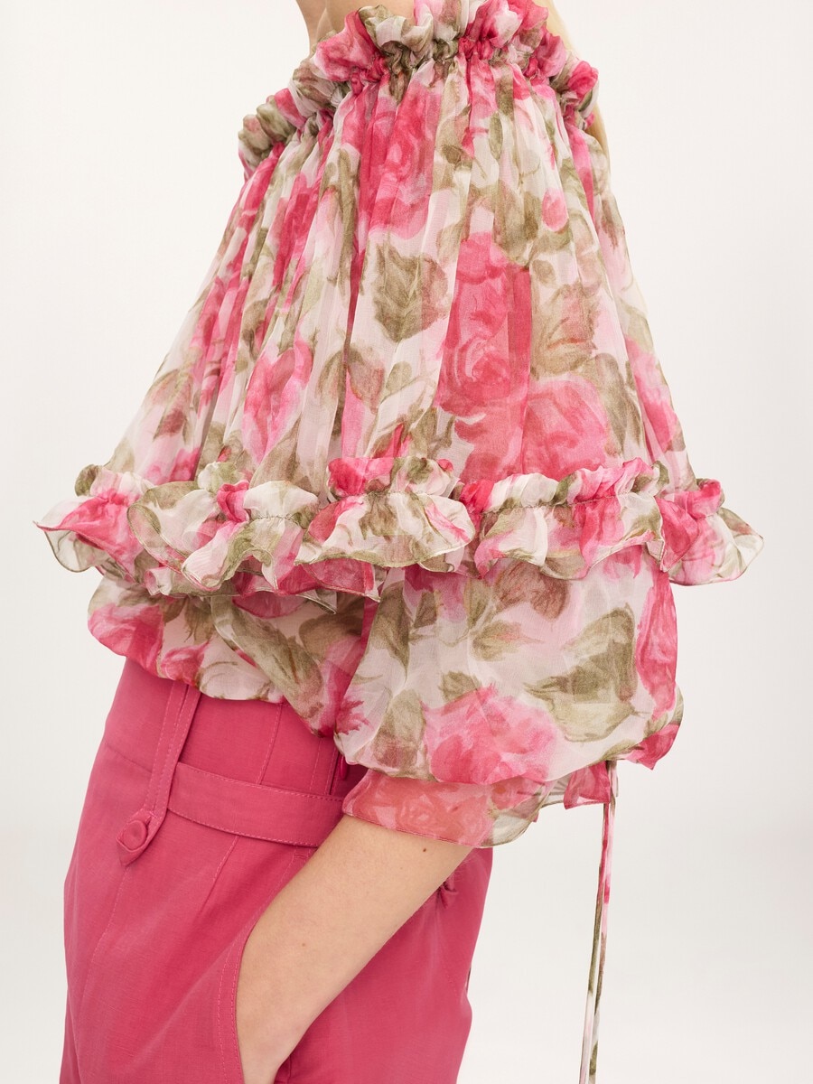 Off-the-shoulder puff-sleeve top in silk mousseline - 8
