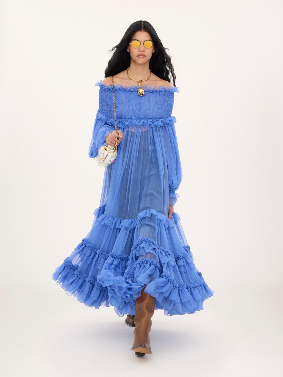 Off-the-shoulder long dress in silk mousseline