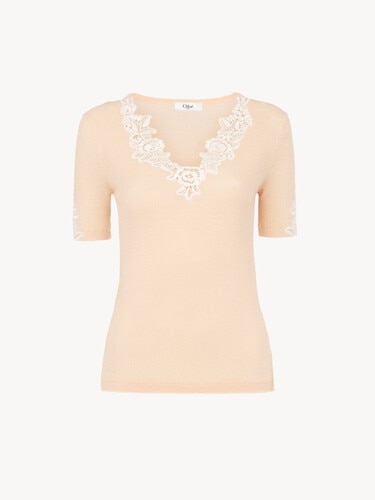 Fitted short-sleeve top in guipure lace wool knit - 1