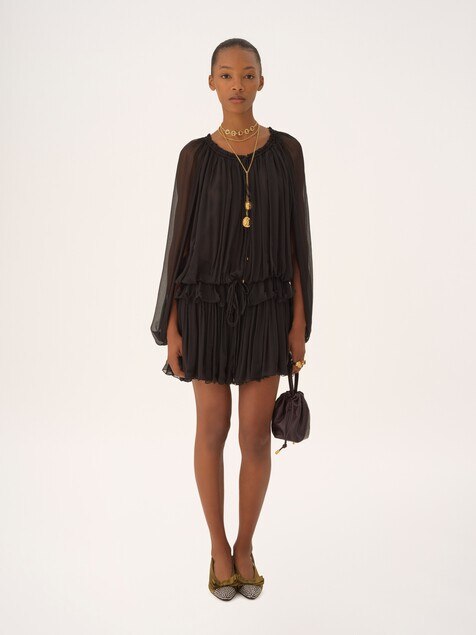 Mini cape dress in silk mousseline