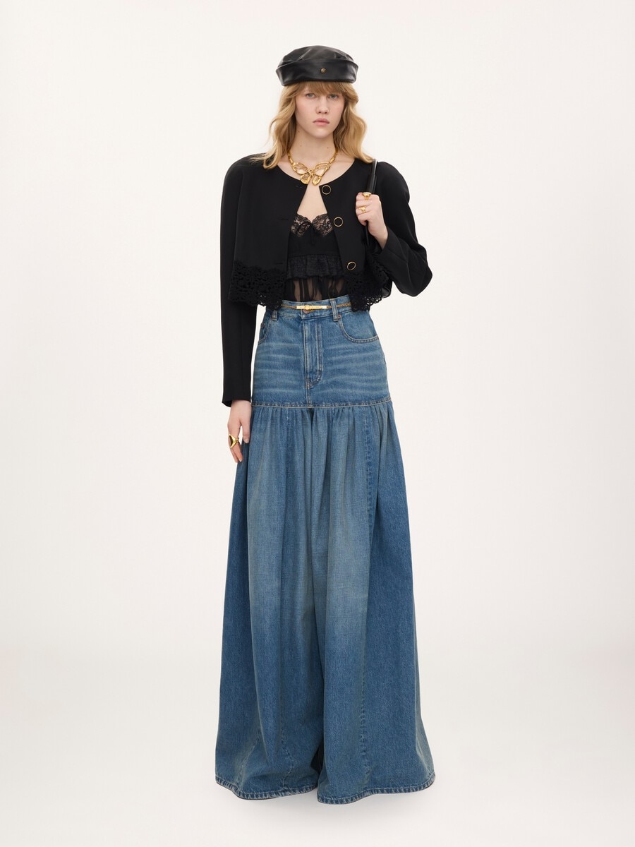 Collarless cropped jacket in wool grain de poudre & lace - 3