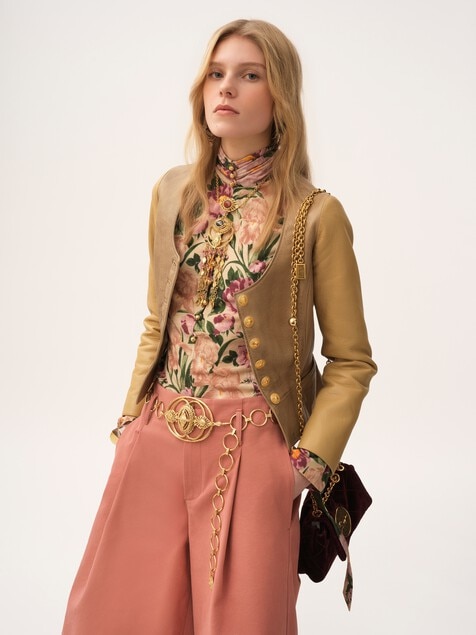 Scoop-neck cinched jacket in leather