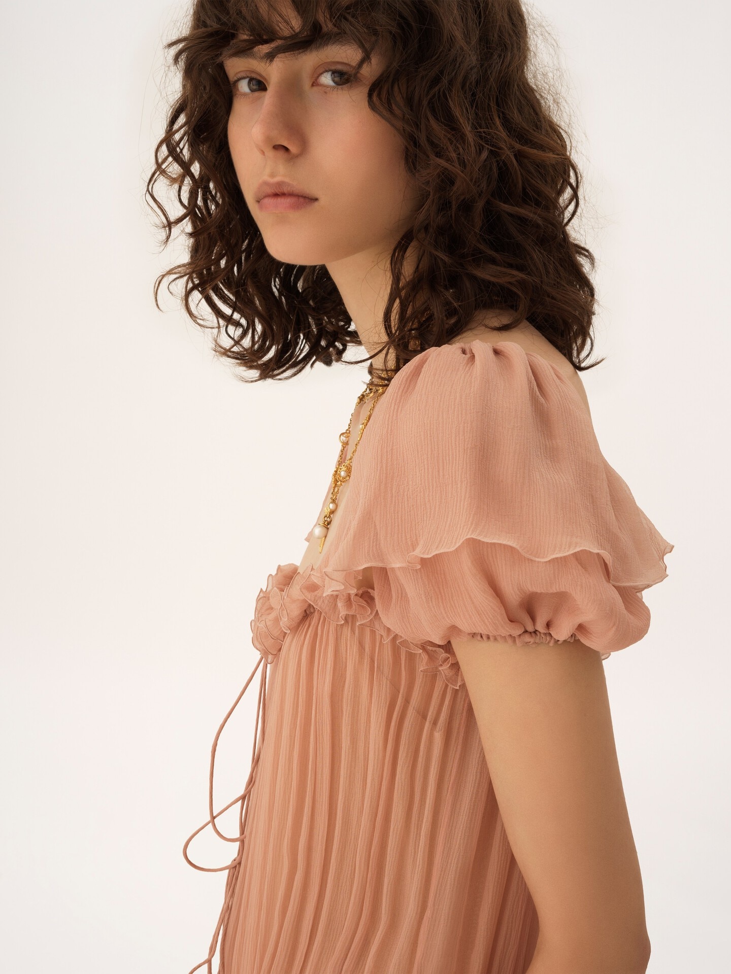 Gathered long ruffled dress in silk mousseline - 5.0